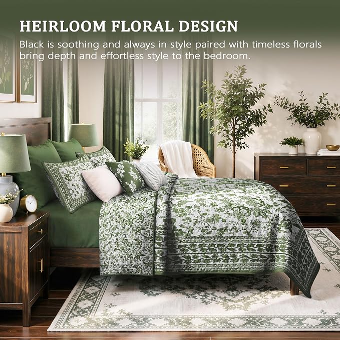 FLYMME Green Vintage Floral Quilt Set King/Cal King Size, 3-Piece Classic Reversible Bedspread Coverlet with 2 Pillow Shams, Lightweight Botanical Bedding Set for All Season