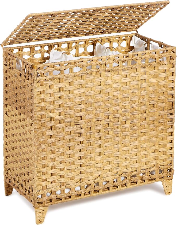 Laundry Hamper with 3 Removable Liner Bags, 132L Laundry Sorter with Lid | Raised Feet; Side Carry Handles; Handwoven PP Rattan; Rust-Resistant Iron Frame; Decorative Woven Design