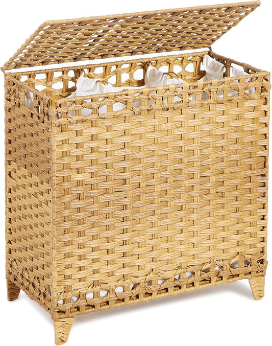 Laundry Hamper with 3 Removable Liner Bags, 132L Laundry Sorter with Lid | Raised Feet; Side Carry Handles; Handwoven PP Rattan; Rust-Resistant Iron Frame; Decorative Woven Design