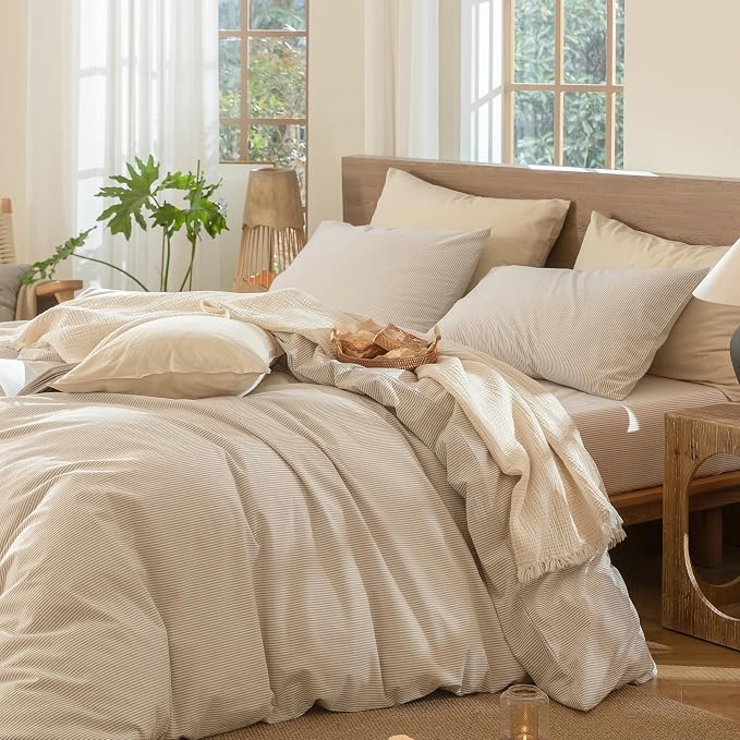 MooMee Striped Duvet Cover Set 100% Washed Cotton Linen Like Super King | Relaxed Linen-like Texture. Soft, Breathable & Long-lasting Comfort. Lightweight. Hidden Zipper with 8 Interior Corner Ties