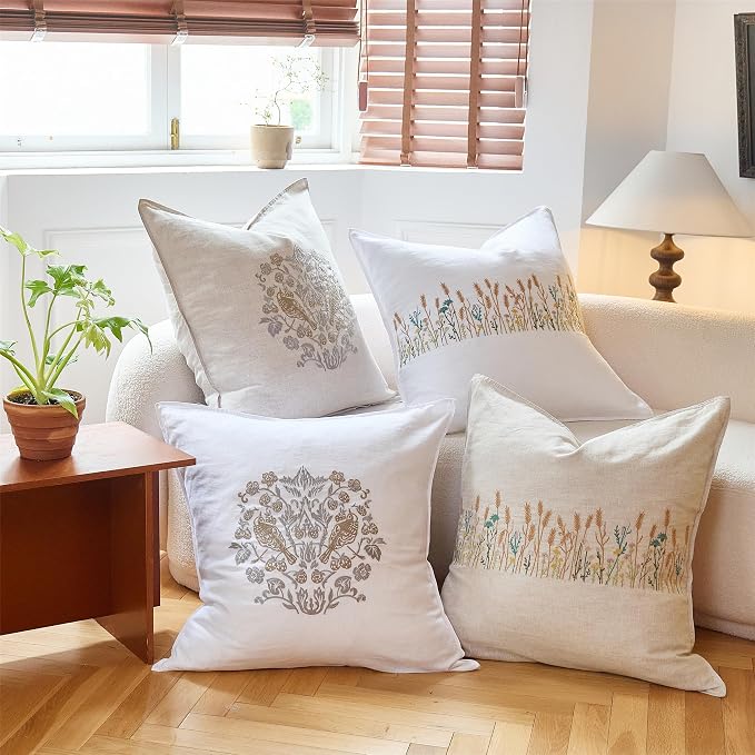 Simple&Opulence 100% Linen Euro Shams 26'' x 26'' Pack of 2, Embroidery Wheat Design Natural Flax Farmhouse Decorative Square Throw Pillow Covers for Bed Couch Sofa - White