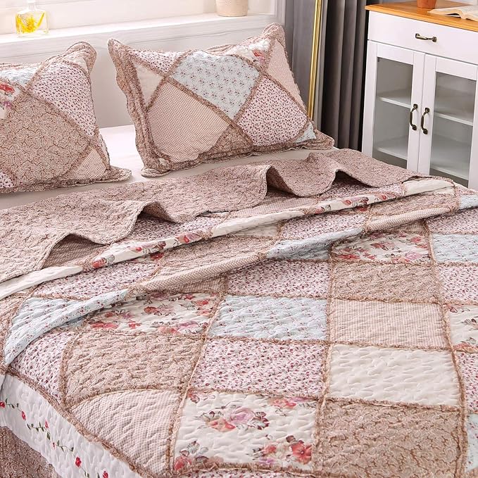 Full/Queen Size Quilt Set Pink Floral Patchwork Bedspreads Bedding Set | VIVILINEN 3-Piece Reversible Quilted Coverlet Lightweight Comforter Queen Bed Sheet Set Cover Blanket with 2 Pillow Shams