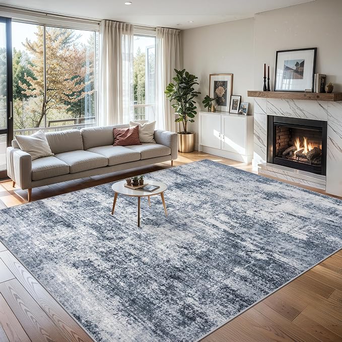 PLHXFR 9x12 Area Rug Living Room: Abstract Washable Carpet Grey Blue | For Bedroom Dining Room Farmhouse Nursery Home,Machine washable,Non Slip,Large Soft Neutral,Stain Resistant, Indoor Floor