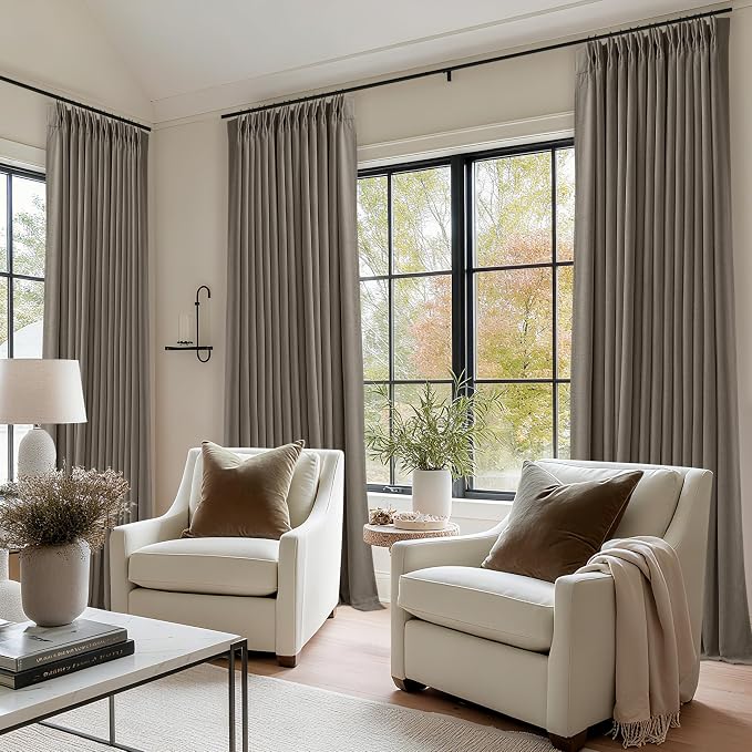 Dark Flax 100 Inch Blackout Pinch Pleated Curtains 2 Panel Set, Taupe | Thick Linen Textured, Room Darkening, 100% Black Out, Light Blocking, Pinch Pleat Drapes for Living Room Bedroom W40xL100