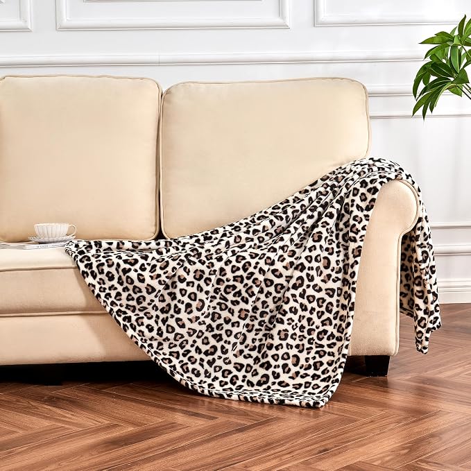 Edenleaf Leopard Print Blanket Fleece Throw for Bed Sofa Travel and Camping, Super Soft Cozy Fluffy Plush Cheetah Print Blanket for All Seasons 60"x80" (Cream)