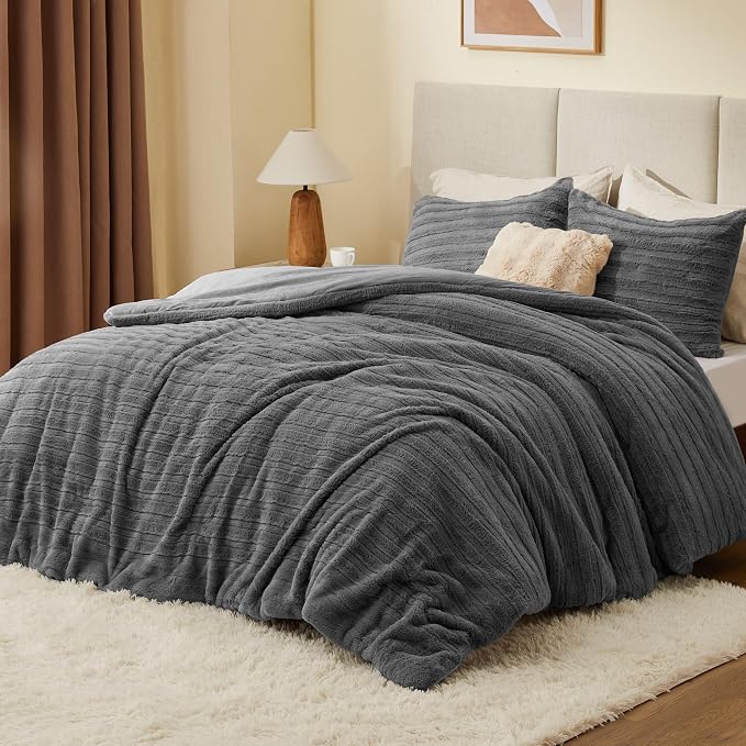 BEDELITE Faux Fur Twin/Twin XL Comforter Set, Fluffy Bed Set, Grey | Super Soft & Warm, Luxury Fuzzy Cozy Comforter for Winter, Heavy Plush Bed set, with 1 Pillowcase
