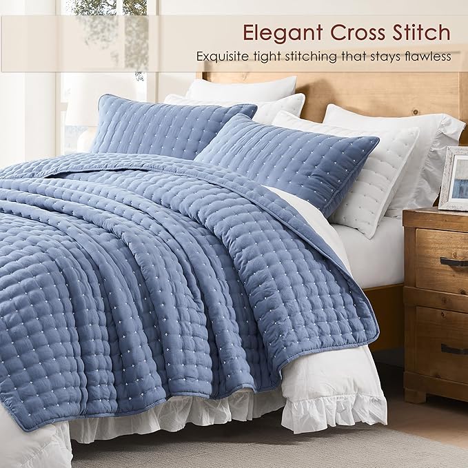 WDCOZY Blue California Cal King Size Quilt Bedding Sets with Pillow Shams, Oversized Lightweight Soft Bedspread Coverlet, Quilted Blanket Thin Comforter Bed Cover, 3 Pieces, 118x106 inches
