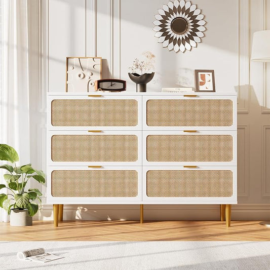 GarveeHome Rattan 6 Drawer Dressers for Bedroom, Deep Drawer, White | Tall Dresser, Wide Top, for Living Room, Hallway, Kids Room, Large Chest of Drawers for Closet, Long Wooden Dresser