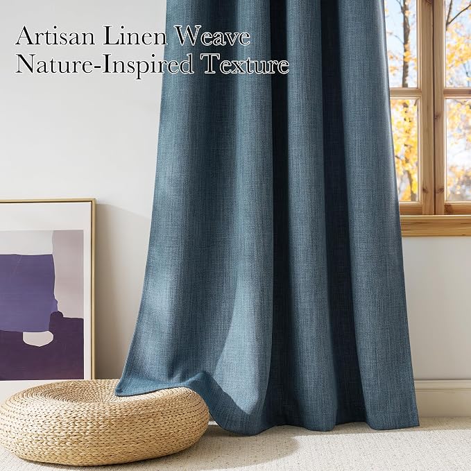 NICETOWN Faux Linen Mist Blue Blackout Curtains 84 inches Long | For Living Room, Privacy Panels, For Bedroom, Modern Style, Easy Care, Grommet Top, 2 Panels, W52 by L84