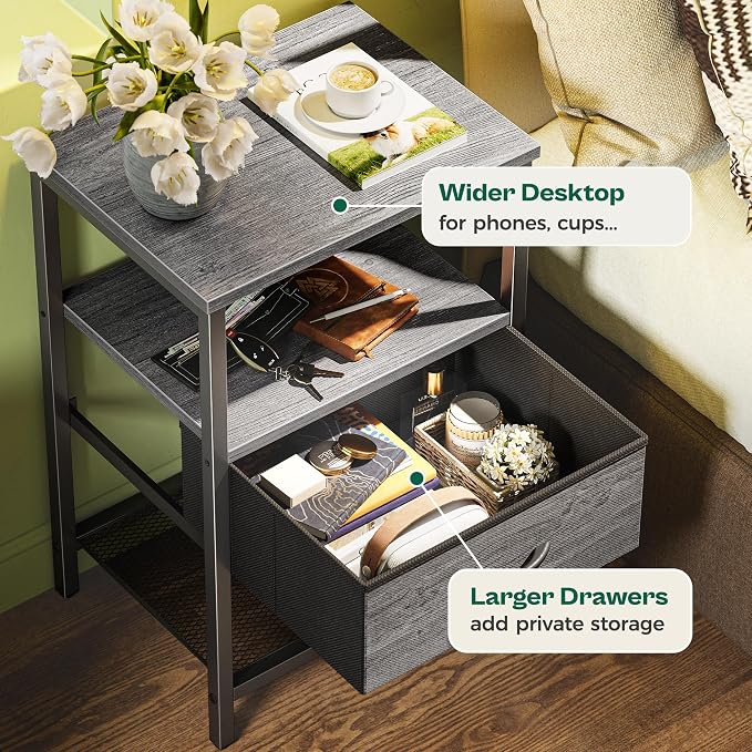Huuger Nightstand Set of 2, Night Stand with Fabric Drawer, Mesh Shelf | Side Table with Storage, Fabric Drawer Dresser, Open Shelf, Metal Frame, Bedroom, Grey