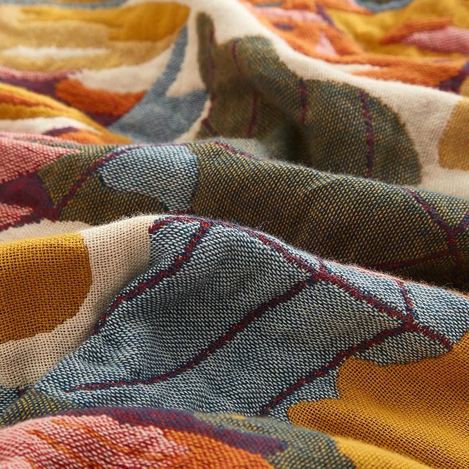 Boho Throw Blanket for Couch Sofa Bed, 100% Cotton Woven Quilt with Tassel 50”x60”, Super Soft Muslin Blanket with Floral Printed, Decorative Reversible Bed Blanket/Cover for All Seasons