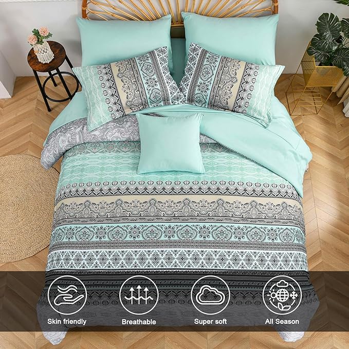 Cottolester Boho Comforter Set Full Size,8 Piece Bed in a Bag Sage Green Paisley Comforter and Sheet Set,Striped Bedding Set Soft Microfiber Complete Bedding Set