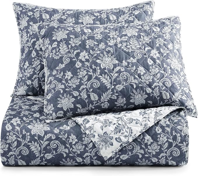 Oversized Queen Quilt Set-3 Pieces Soft Bedding Floral Reversible Coverlet | All Seasons Lightweight Quilts Queen Size for Bed, Breathable Vintage Bedspread with Shams, Oxford Blue