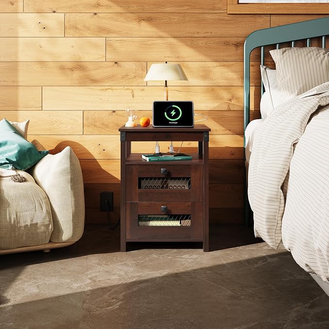 WLIVE Nightstand with Charging Station, Farmhouse End Table, Bed Side Table with 2 Storage Drawers and Open Shelf, Wood Rustic Nightstands for Bedroom, Espresso | Charging Station(2AC+2USB), Farmhouse Design (Cut-out Grills)，Storage(2 Drawers +1 Shelf)...
