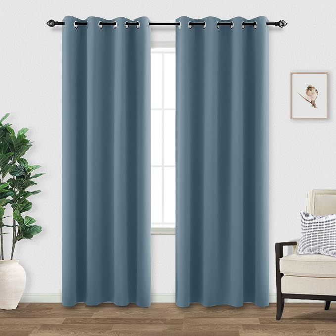KOUFALL Slate Blue Window Treatments Curtains for Bedroom Living Room 2 Panels Set 2 Inch Grommet Holes Blackout Thick Thermal Insulated Curtains,90 Inches Long,Greyish Blue
