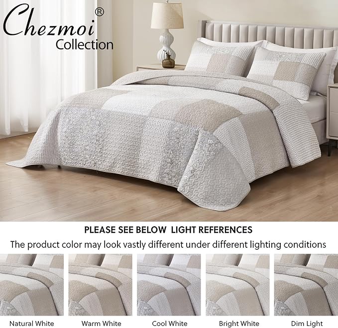 Chezmoi Collection Quinn 3-Piece Neutral Taupe Gray White Floral Hibiscus Flower Candy Stripe Patchwork Quilt Set - Pre-Washed Cotton Coverlet - Lightweight Reversible Bedspread, King Size