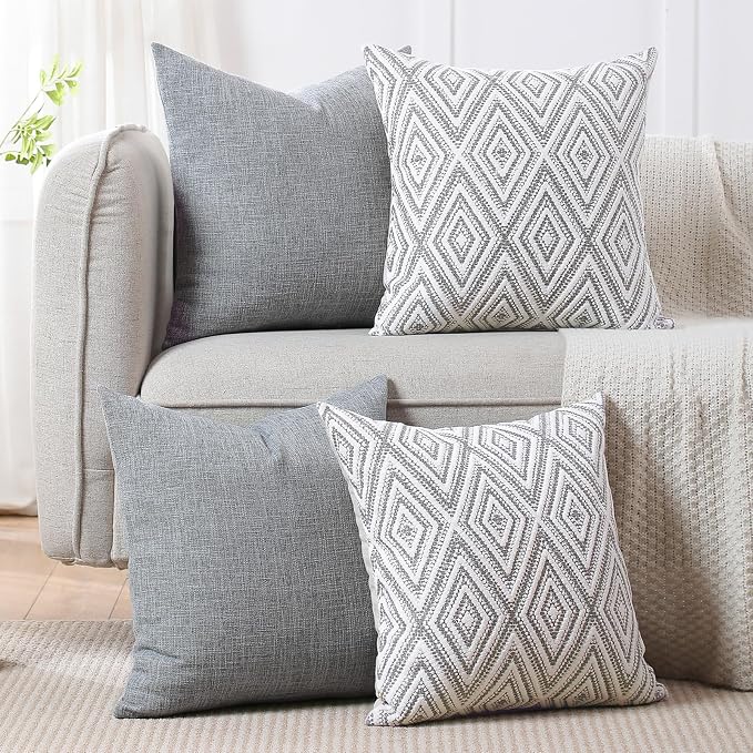 HPUK Throw Pillow Covers 18x18, Set of 4, Grey Textured Couch Pillow Covers | Polyester fabric, patterned and solid designs, hidden zippers, machine washable, for sofas and beds, inserts not included