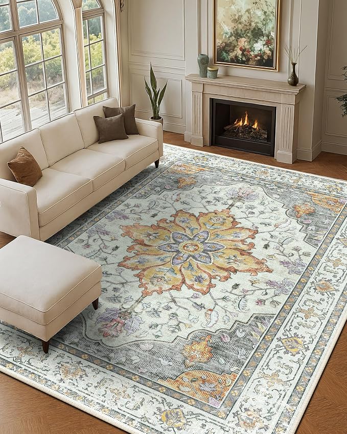 RELEANY Washable Area Rug, Large 9'x12', Beige/Carbon Grey/Orange | Non-Slip, Water Repellent, Pet Friendly, Easy to Clean, Vintage Floral Boho Decor for Living Room Bedroom Dining Room