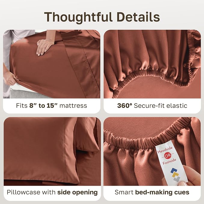 California Design Den 600 Thread Count Extra Long Twin Sheets Set, 3 Pcs | 100% Cotton Sateen Backed by Good Housekeeping Seal, Soft & Smooth, All-Around Elastic, Durable, Easy Care - Rust