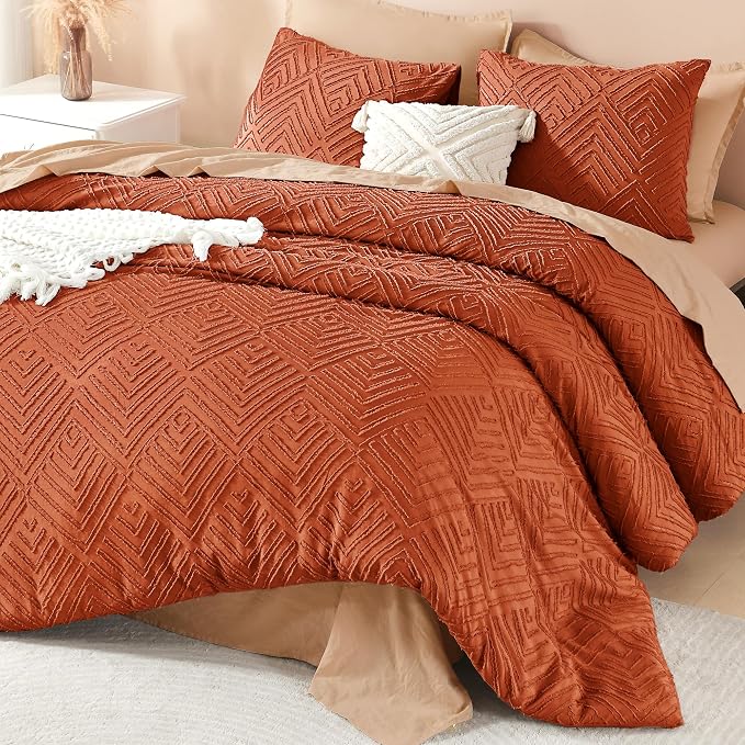 Litanika King Size Comforter Set, 3 Pieces Tufted Boho Bedding Set | Terracotta Farmhouse Shabby Chic Vintage Bohemian Textured Aesthetic Soft Fluffy Lightweight Breathable All Season Bed Set