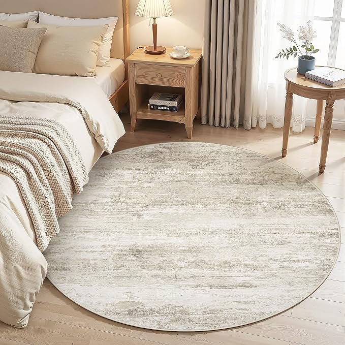 Washable Round Rug 4ft for Bedroom: Circle Neutral Soft Rug Abstract Non Slip Low Pile Modern Area Rugs for Living Room Nursery Office Dining Kids Boys Girls Room Farmhouse Dorm (Beige, 4' Round)