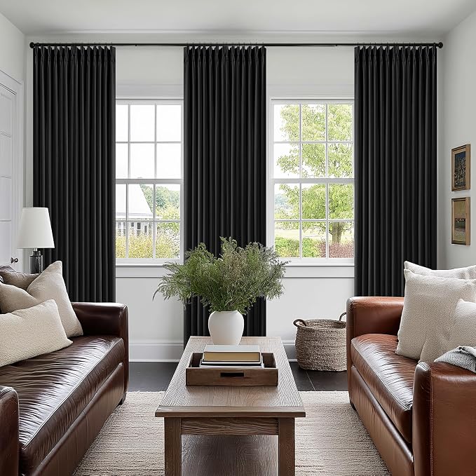 Black 90 Inch Pinch Pleated 100% Blackout Curtains with Liner 2 Panels Set | Thick Linen Textured, Energy Saving, Soundproof, Light UV Blocking, Thermal Insulated Curtain for Living Dining Room Bedroom