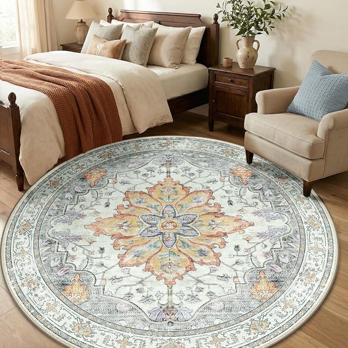 RELEANY Washable Area Rug, Round 6ft, Beige/Carbon Grey/Orange | Non-Slip, Water Repellent, Pet Friendly, Easy to Clean, Vintage Floral Boho Decor for Living Room Bedroom Dining Room
