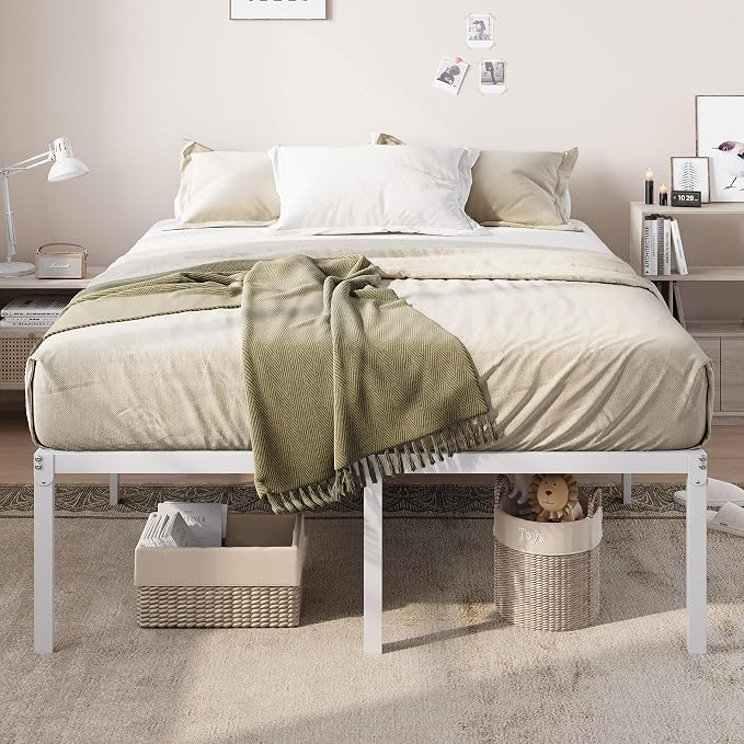 Allewie Queen Bed Frame, 18 Inch Metal Beds with Storage Space, White | Heavy-Duty Metal Platform Beds, Large Under-Bed Storage Space, No Box Spring Needed, Easy Assembly