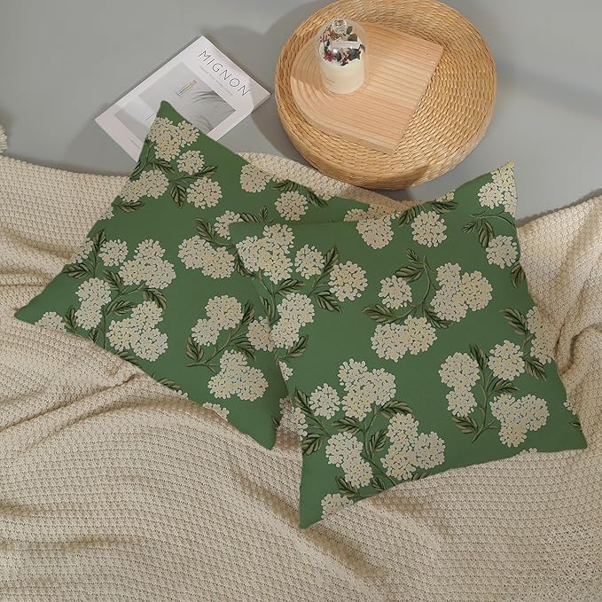 Sage Green Spring Pillow Covers 18x18 Inch 2 Pcs Yellow Hydrangea Flower Decor Throw Pillows Vintage Floral Seasonal Summer Outdoor Decoration Pillowcase Linen Cushion Cover for Couch Sofa