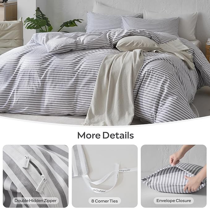 JELLYMONI 100% Cotton Printed Striped Full Duvet Cover Set, Grey | Breathable and Soft, Classic Stripes, 8 Corner Ties & Double-Head Hidden Zipper, For Guest or Teen Room
