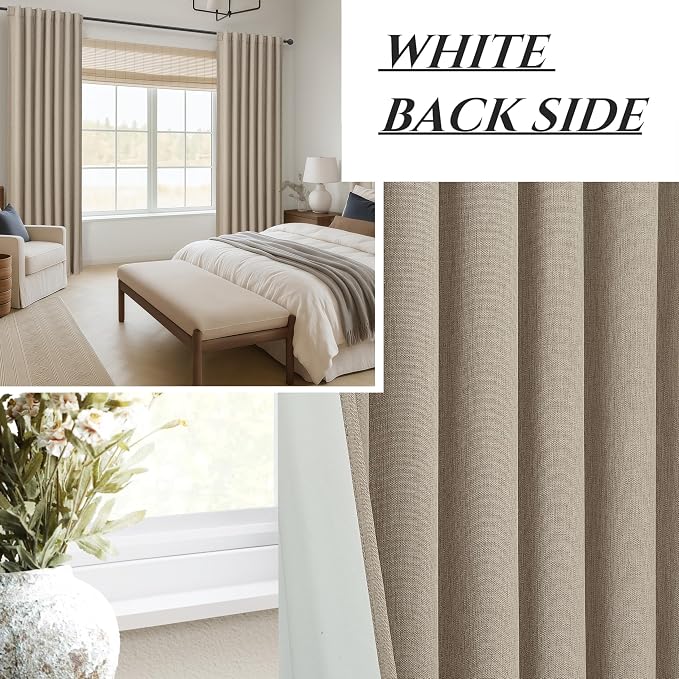 QJmydeco Black Out 95 Inch Long Boho Curtains 2 Panel Set, Farmhouse Curtains for Living Room Darkening/Thermal/Noise Reduction Textured Flax Linen Drape Hook&Ring Included (GreyBeige 50"x95")