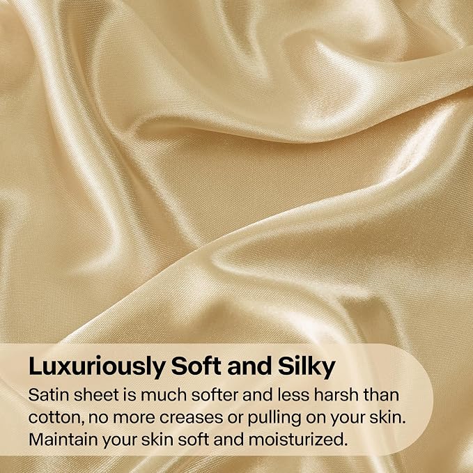 BEDELITE Satin Sheets Queen Size Bed Set, Champagne, 4 Pieces | Luxury Silky Bed Sheets, 15 Inch Deep Pocket, Similar to Silk, Soft and Cooling, Reduces Friction, Gentle on Hair and Skin