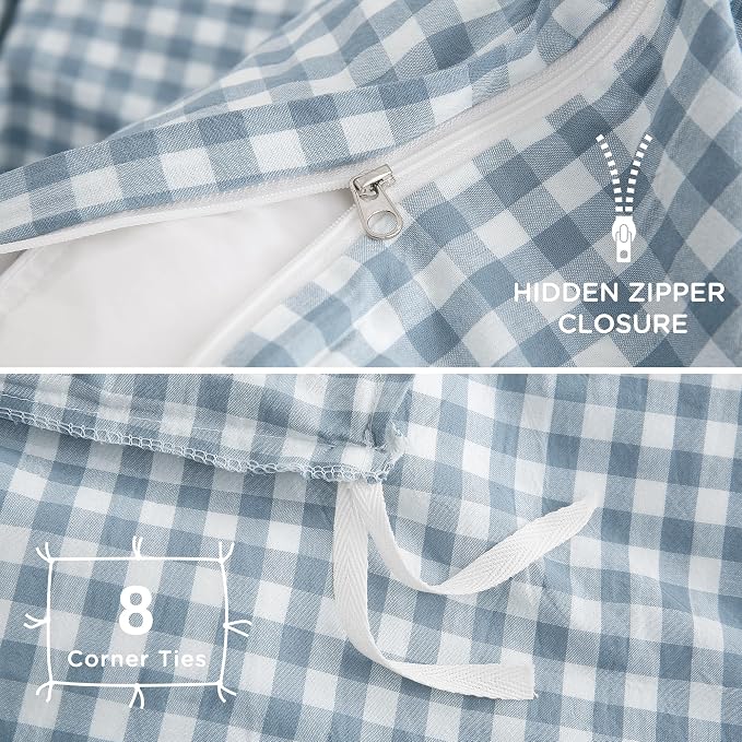TOCOMOA Blue Gingham Duvet Cover Bedding Set Washed Cotton Like Linen Queen | 100% Washed Cotton Linen-Like Feel Soft, Breathable & Comfy. Lightweight Bedding Set with Zipper & 8 Ties. 3 Pcs, No Insert