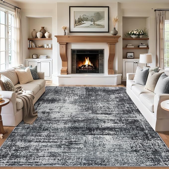 PLHXFR Area Rug Living Room: 5x7 Abstract Washable Carpet Dark Black | For Bedroom Dining Room Farmhouse Nursery Home,Machine washable,Non Slip,Large Soft Neutral,Stain Resistant, Indoor Floor