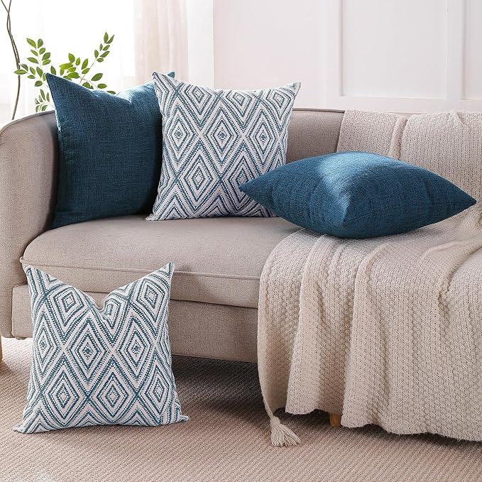 HPUK Throw Pillow Covers 18x18, Set of 4, Navy Blue Couch Pillow Covers | Polyester fabric, patterned and solid designs, hidden zippers, machine washable, for sofas and beds, inserts not included