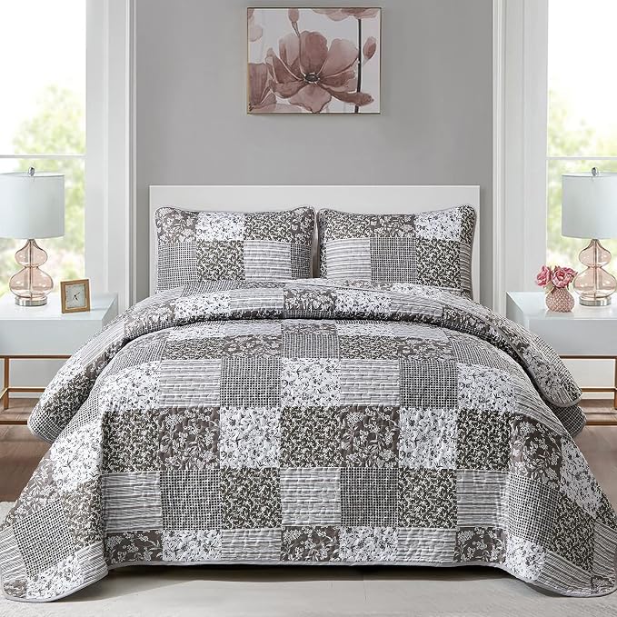 Mybedsoul Grey Boho Quilt King Size, Patchwork Floral Bedding Set | Soft Lightweight Microfiber Coverlet Set, 3 Pieces Plaid Reversible Bedspread, Bed Sets for All Seasons 90"x110"