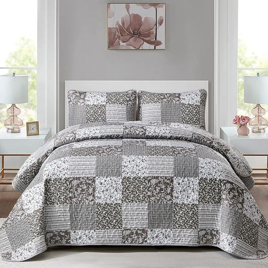 Mybedsoul Grey Boho Quilt King Size, Patchwork Floral Bedding Set | Soft Lightweight Microfiber Coverlet Set, 3 Pieces Plaid Reversible Bedspread, Bed Sets for All Seasons 90"x110"