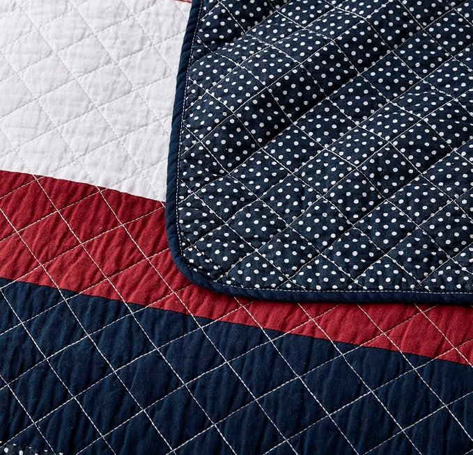 Chezmoi Collection Harlon 3-Piece Modern Patchwork Striped Quilt Set - Solid Polka Dot Candy Stripe Coverlet - Pre-Washed Cotton Lightweight Reversible Bedspread, King Size