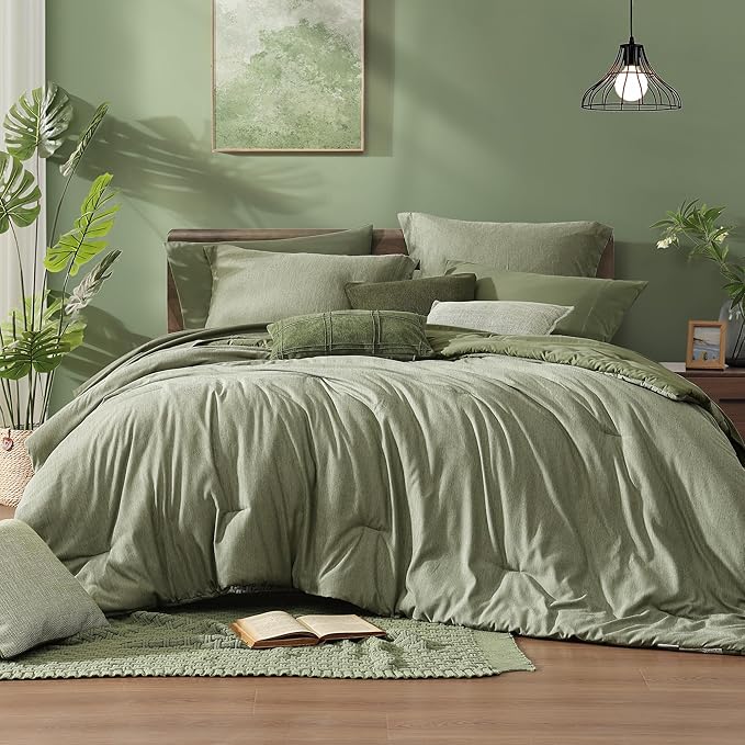 Monbix Twin XL Comforter Set Sage Green Bed in a Bag 5 Pieces for Dorm | Cationic Dyeing Reversible All Season Bedding Sets with Comforter, Sheets, Pillowcase & Sham