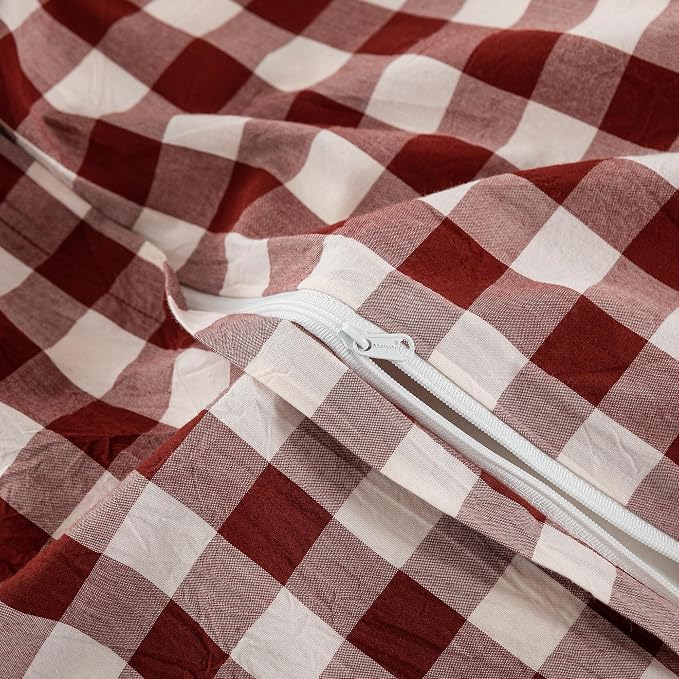 BESTOUCH Gingham Cotton Duvet Cover Set Fired Brick Red Twin | Washed Cotton, Linen Feel, Soft Wrinkle Texture, Hidden Zipper, 8 Ties, Breathable Lightweight Durable Comfy, 2 Pcs No Insert