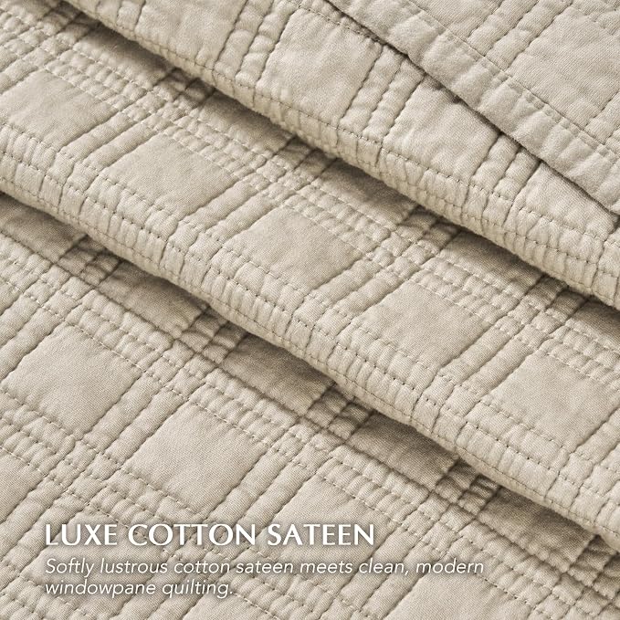 EVERGRACEHOME Cotton Sateen Windowpane Quilt Set King Size, Light Taupe | 100% Cotton, Pre-Washed Soft Coverlet Bedspread, 3-Piece Lightweight Bedding Set for All Season, with 2 Pillow Shams