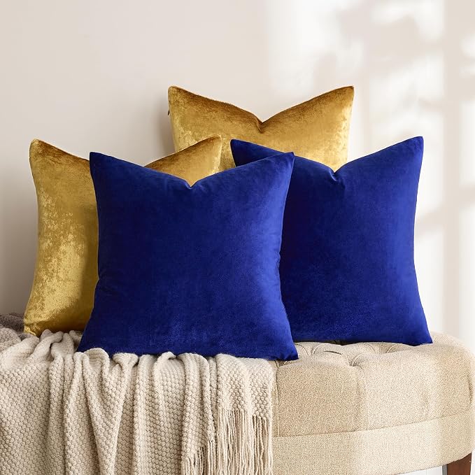 GIGIZAZA Pack of 4 Decorative Velvet Pillow Covers 16x16 Blue Gold | Throw Pillows for Couch Sofa,280gsm Soft Textured Fabric,Modern Accent Pillowcases,Luxury Living Room Cushion Covers