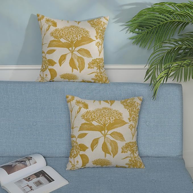 Mustard Yellow Pillow Covers 20x20 Inch 2 Pcs Boho Vintage Floral Decor Throw Pillows Hydrangea Flower Summer Outdoor Farmhouse Neutral Accent Decoration Pillowcase Linen Cushion Cover for Sofa