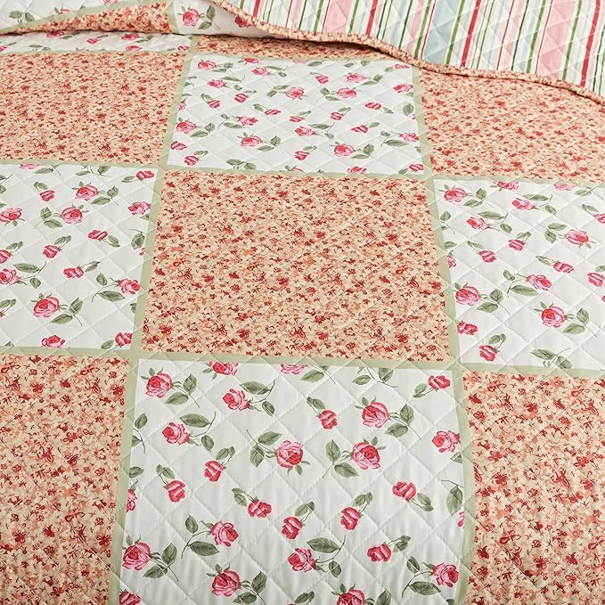 Quilt Set Queen Size, Bedspread Sets Warm Orange Floral, Reversible Quilt Bedding Set Lightweight and Breathable for All Seasons, Soft Quilted Bedspread with 2 Pillow Shams