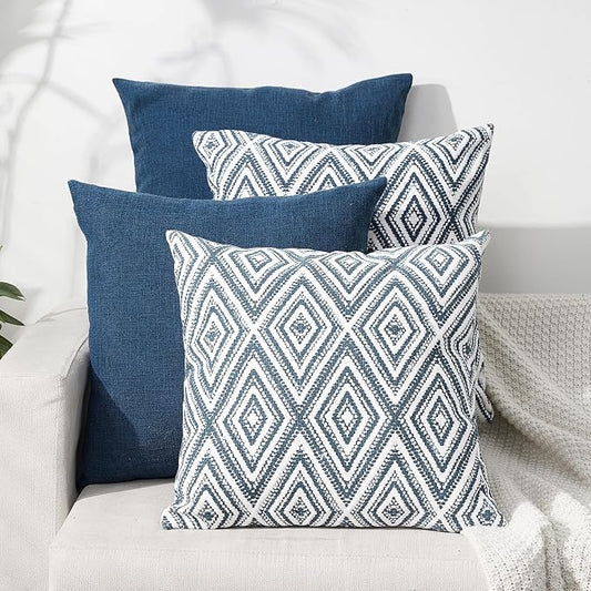 HPUK Throw Pillow Covers 18x18, Set of 4, Navy Blue Couch Pillow Covers | Polyester fabric, patterned and solid designs, hidden zippers, machine washable, for sofas and beds, inserts not included