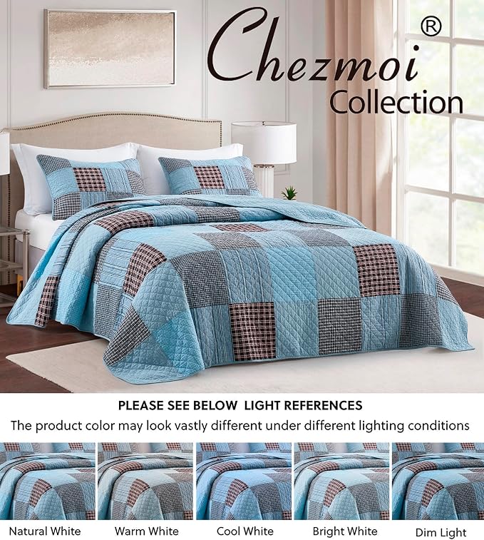 Chezmoi Collection Bram 3-Piece Patchwork Quilt Set King - Pre-Washed Cotton Solid Plaid Multi Striped Coverlet - Lightweight Reversible Bedspread Bedding Set King Size