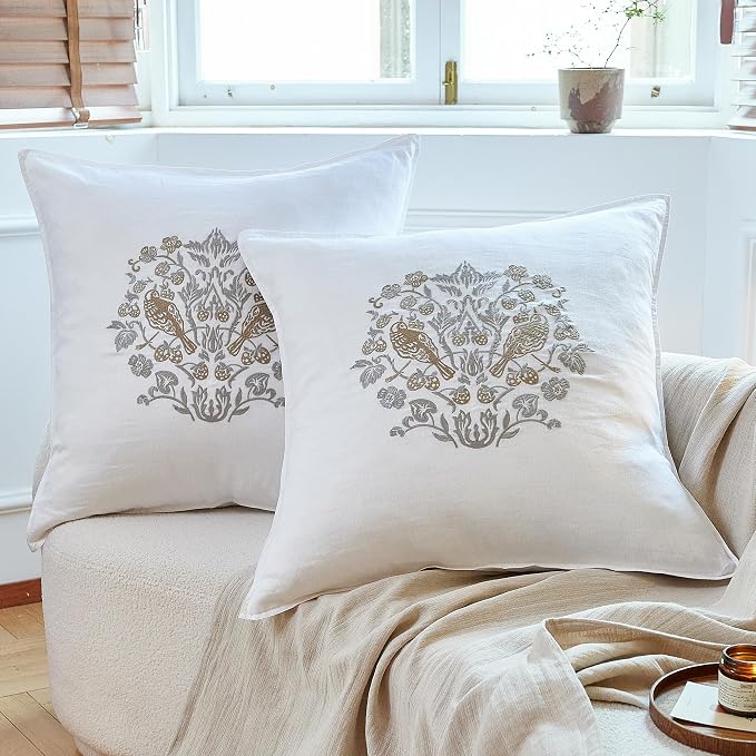 Simple&Opulence 100% Linen Euro Shams 26'' x 26'' Pack of 2, Embroidery Rosefinch Design Natural Flax Farmhouse Decorative Square Throw Pillow Covers for Bed Couch Sofa - White