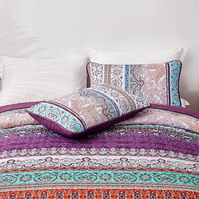 WONGS BEDDING Purple Quilt California King Size, Boho Stripe Bedding Set | Lightweight Soft Bedspread Coverlet,Modern Style Bohemian Pattern Bed Cover for All Seasons,3 Piece(1 Quilt,2 Pillow Shams)