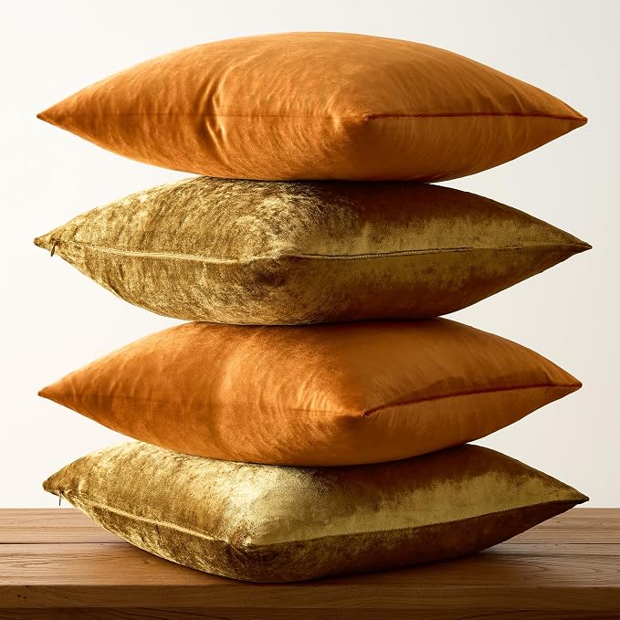 GIGIZAZA Pack of 4 Decorative Velvet Pillow Covers 16x16 Orange Gold | Throw Pillows for Couch Sofa,280gsm Soft Textured Fabric,Modern Accent Pillowcases,Luxury Living Room Cushion Covers