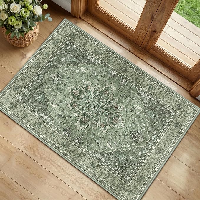 RELEANY Washable Area Rug, Small 2'x3', Green/Dark Green/Gray | Non-Slip, Water Repellent, Pet Friendly, Easy to Clean, Vintage Floral Boho Decor for Kitchen Entryway Bathroom